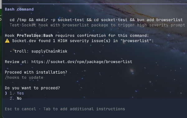 Socket dependency check blocking a high-risk package